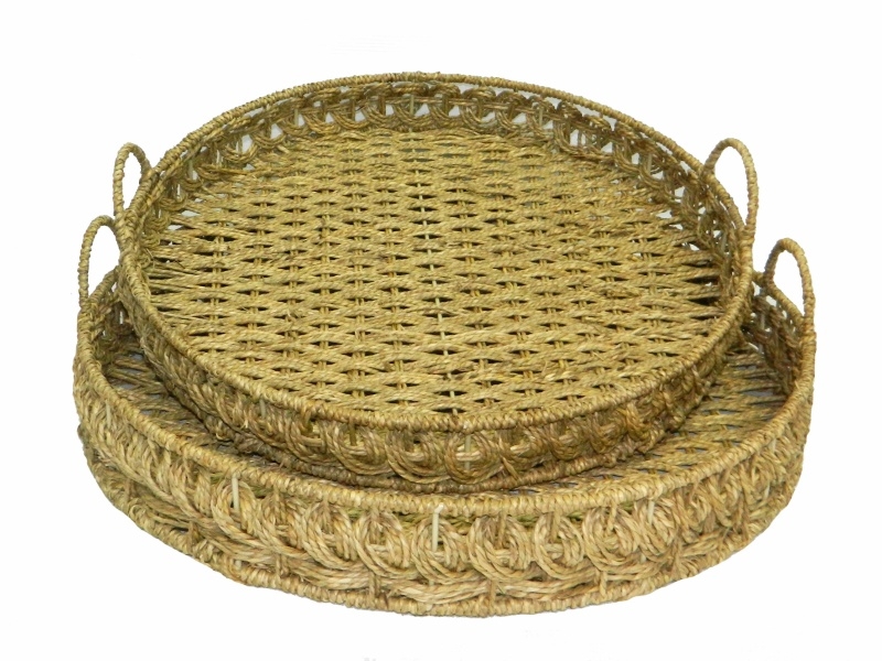 Handcrafted Round Seagrass Serving Trays with Handles - Eco-friendly Home Decor Set
